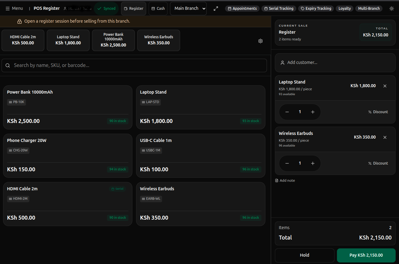 DukaDesk point of sale register showing products and the current sale